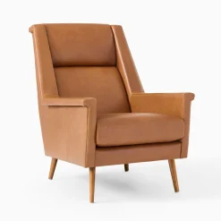 West Elm Carlo High-Back Leather Mid-Century Chair - Wood Legs