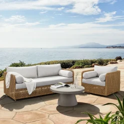 West Elm Coastal Wicker Outdoor Sofa, Swivel Chair & Concrete Pedestal Round Coffee Table Set