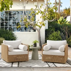 West Elm Coastal Wicker Outdoor Swivel Chairs & Concrete Pedestal Round Side Table Set