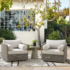 West Elm Coastal Wicker Outdoor Swivel Chairs & Concrete Pedestal Round Side Table Set