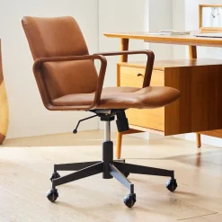 West Elm Cooper Leather Swivel Office Chair w/ Wood Arms