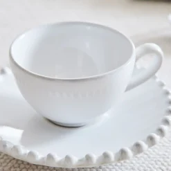West Elm Costa Nova Pearl White Stoneware Coffee Cup & Saucers (Set of 4)