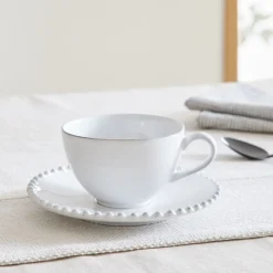 West Elm Costa Nova Pearl White Stoneware Teacup & Saucers (Set of 4)