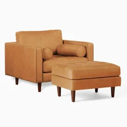 West Elm Dennes Leather Chair & Ottoman Set