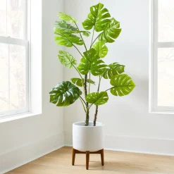West Elm Faux Monstera Plant & Mid-Century Turned Wood Leg Planter Bundle