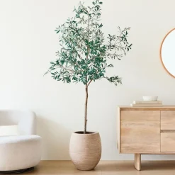 West Elm Faux Potted Olive Tree & Curved Round Planter Bundle