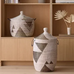 West Elm Graphic Millet Lidded Baskets - Black & White