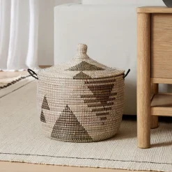 West Elm Graphic Millet Lidded Baskets - Black & White