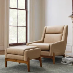 West Elm Hank Leather Chair & Ottoman Set
