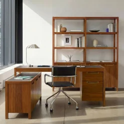 West Elm Hughes L-Shaped Desk with File & Storage Cabinets (68") & Tall Double Wide Bookcase Set
