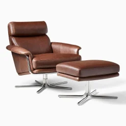West Elm Kristoff Leather Swivel Chair & Ottoman Set