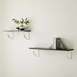 West Elm Linear Black Lacquer Wall Shelves with Arch Brackets