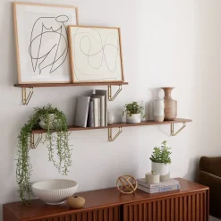 West Elm Linear Cool Walnut Wood Wall Shelves with Parallel Brackets