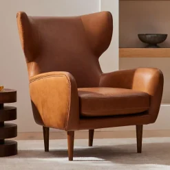 West Elm Lucia Leather Wing Chair - Wood Legs