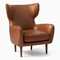 West Elm Lucia Leather Wing Chair - Wood Legs