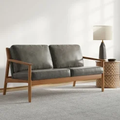 West Elm Mid-Century Leather Show Wood Sofa (66")
