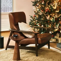 West Elm Mid-Century Show Wood High-Back Leather Chair