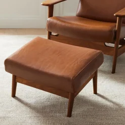 West Elm Mid-Century Show Wood Leather Ottoman