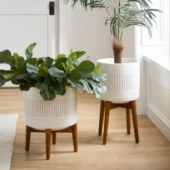 West Elm Mid-Century Turned Wood Leg Planters - Gold Stripe