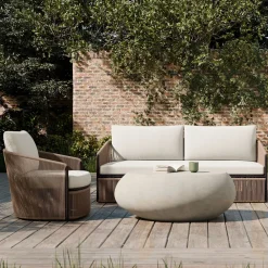 West Elm Oceana Outdoor Swivel Chair, Sofa & Pebble Coffee Table Set