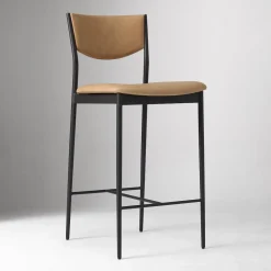 West Elm Open Box: Alessio Leather Counter Stool (26") - Ludlow Leather Cumin, Textured Antique Bronze, Champagne Bronze Accent