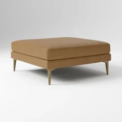 West Elm Open Box: Andes Leather Ottoman - Ludlow Leather Sesame, Blackened Brass