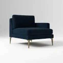 West Elm Open Box: Andes Right-Arm Chair - Performance Distressed Velvet Ink Blue, Blackened Brass