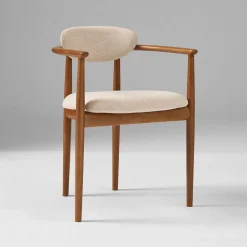 West Elm Open Box: Edison Dining Arm Chair - Performance Chenille Tweed Sand, Cool Walnut