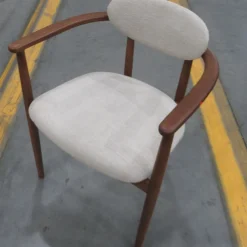 West Elm Open Box: Edison Dining Arm Chair - Performance Chenille Tweed Sand, Cool Walnut