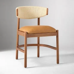 West Elm Open Box: Ezra Dining Chair - Ludlow Leather Sesame, Cool Walnut