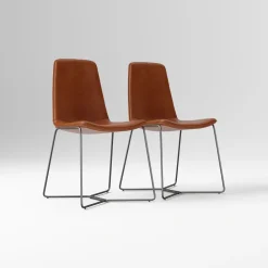 West Elm Open Box: Slope Leather Dining Chair, Set of 2 - Nut Leather Saddle, Charcoal