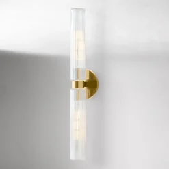 West Elm Open Box: Weston Fluted Glass Double Long Indoor/Outdoor Sconce (29") - Antique Brass, Clear Shade