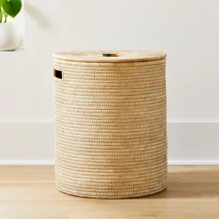 West Elm Open Box: Wooden Handle Lidded Hamper, Large (19.5"D x 21.5"H)