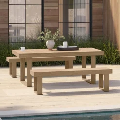 West Elm Portside Wood Outdoor Extendable Dining Table (76.5"–106") & Benches Set