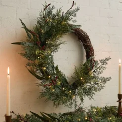 West Elm Pre-Lit Faux Mixed Pine & Pepperberry Wreath & Garland
