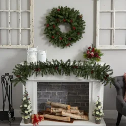 West Elm Pre-Lit Faux Pine Wreath w/ Berries & Pine Cones
