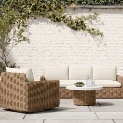 West Elm Westport Wicker Outdoor Slim Sofa, Swivel Chair & Wicker Pedestal Coffee Table