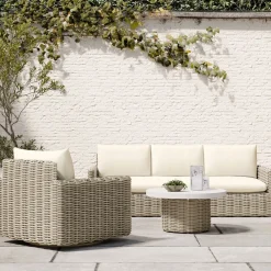West Elm Westport Wicker Outdoor Slim Sofa, Swivel Chair & Wicker Pedestal Coffee Table