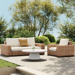 West Elm Westport Wicker Outdoor Sofa (84"), Lounge Chair & Concrete Pedestal Round Coffee Table (32"–44") Set