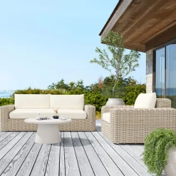 West Elm Westport Wicker Outdoor Sofa (84"), Lounge Chair & Concrete Pedestal Round Coffee Table (32"–44") Set